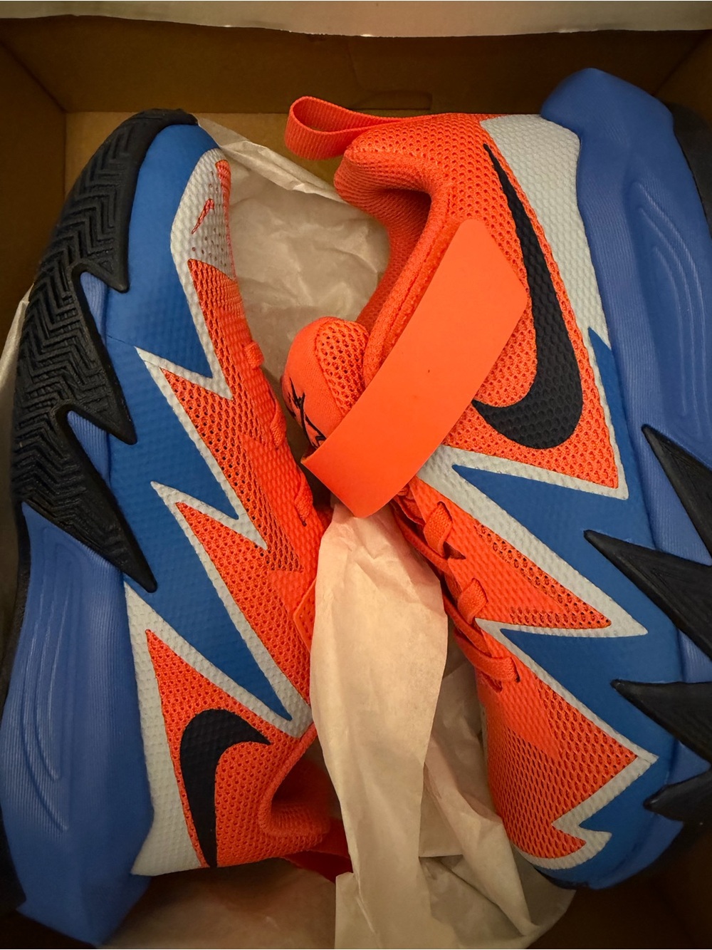Nike Kids Orange and Blue Velcro Athletic Sneakers with Black Swoosh